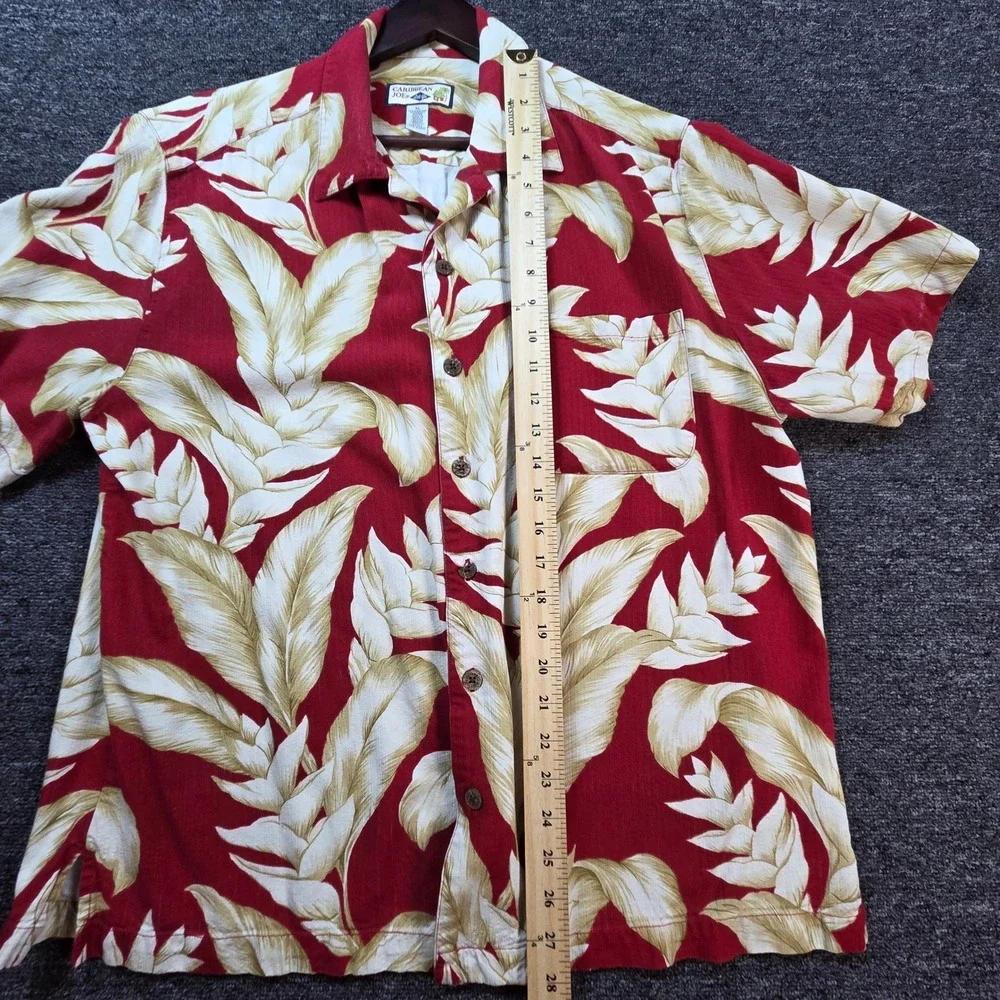 Caribbean Joe Button Down Shirt Mens XL Red Tropical Leaf Rayon Aloha Vacation‎